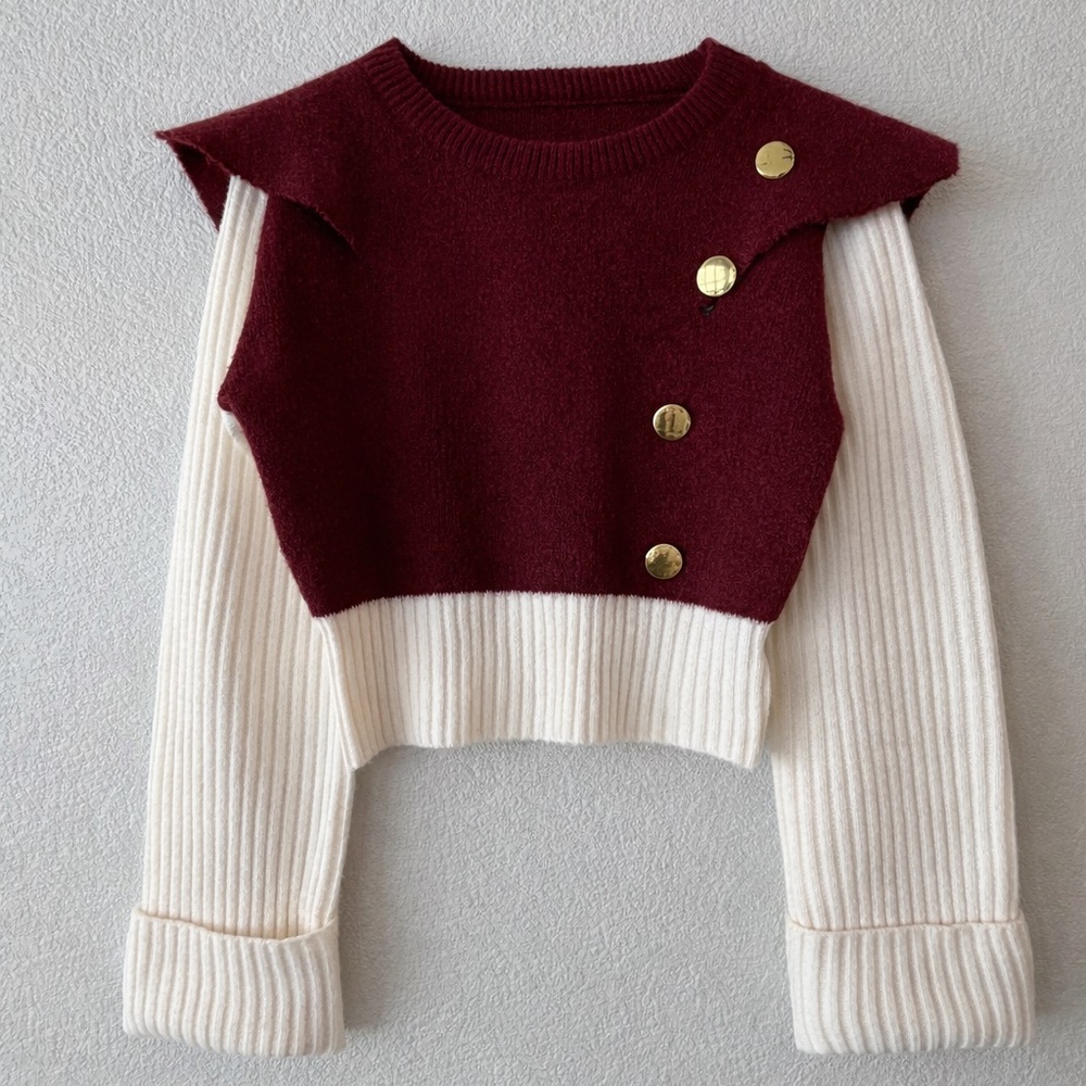 SHEIN Burgundy Color Block Cropped Sweater Gold Button Ribbed Sleeves